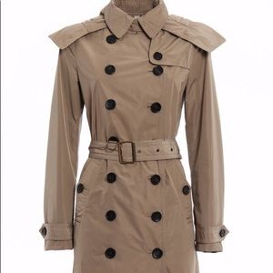 Burberry Brit Beige Sisal Balmoral Hooded Double Breasted Trench Coat Size US 4